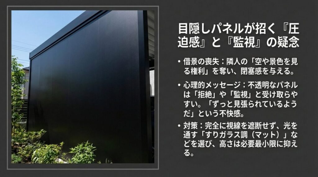 目隠しパネル設置による圧迫感と視線の問題