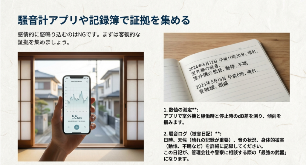 騒音計アプリや記録簿で証拠を集める