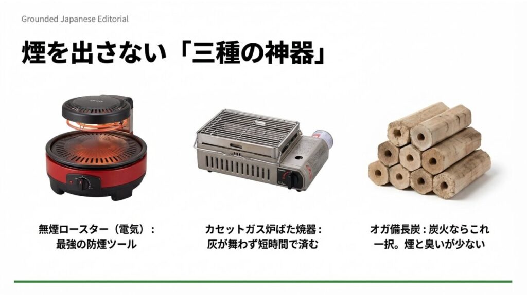 煙や臭いを抑える無煙ロースターの効果